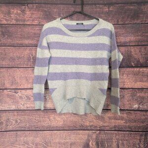 Magaschoni 100% Cashmere Women's High Low Purple Gray Stripe Sweater S HOLE